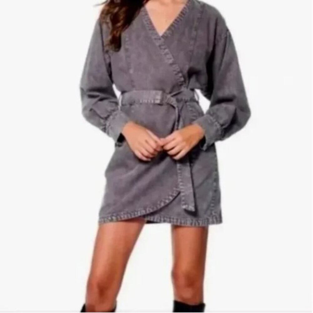 M20. Young Fabulous & Broke YFB Denim Ash Gray Zeplin Long Sleeve Mini Dress